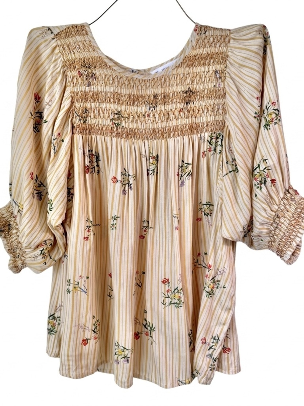 Acos&A Blouse Size Medium M Yellow Floral Smocked Puff Sleeve Boho Top